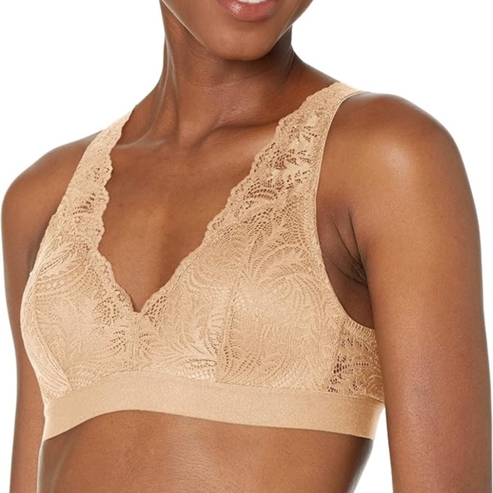 Wonderbra size small Lace Bralette in Tan, clasp back, boudoir lingerie